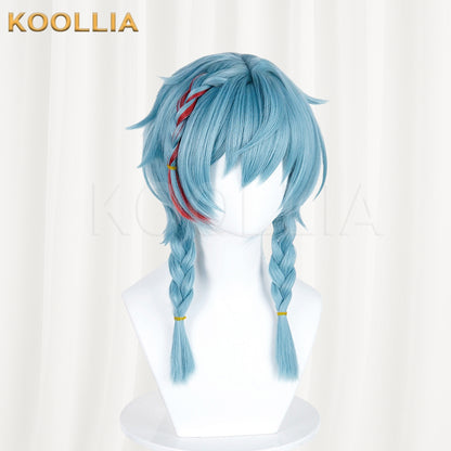 Supernatural Task Force A Nian Ice Blue Wig Pre‑Braided Twin Braids Red Highlight Realistic Scalp Top Basic Wig