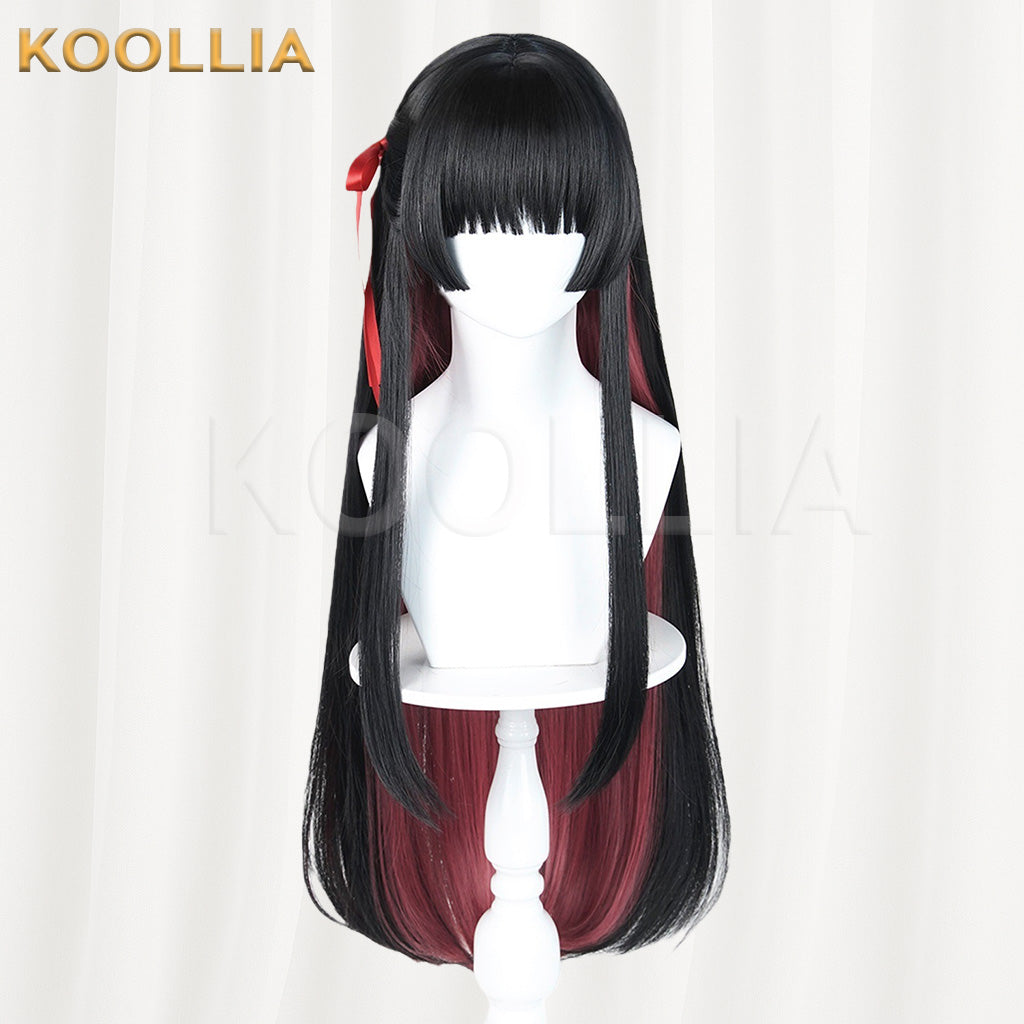 Wuthering Waves Chisaki Black Burgundy Gradient Long Straight Wig With Red Ribbons Basic Wig