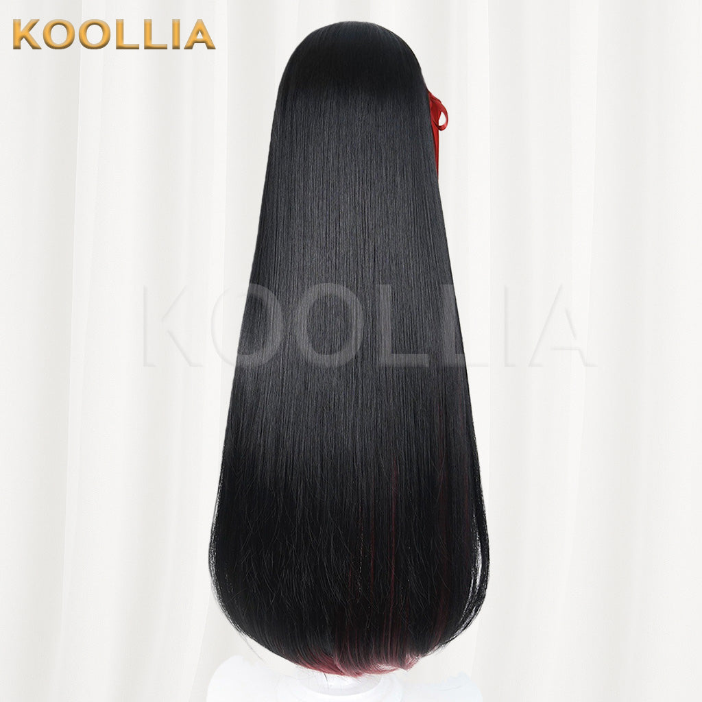 Wuthering Waves Chisaki Black Burgundy Gradient Long Straight Wig With Red Ribbons Basic Wig