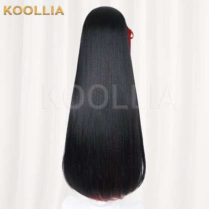Wuthering Waves Chisaki Black Burgundy Gradient Long Straight Wig With Red Ribbons Basic Wig