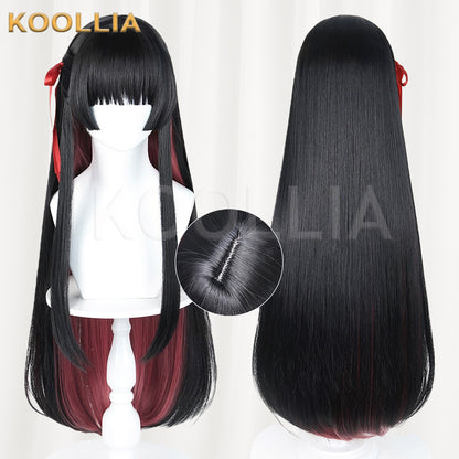 Wuthering Waves Chisaki Black Burgundy Gradient Long Straight Wig With Red Ribbons Basic Wig
