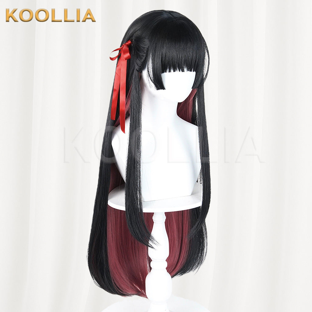 Wuthering Waves Chisaki Black Burgundy Gradient Long Straight Wig With Red Ribbons Basic Wig