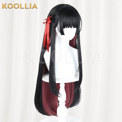 Wuthering Waves Chisaki Black Burgundy Gradient Long Straight Wig With Red Ribbons Basic Wig