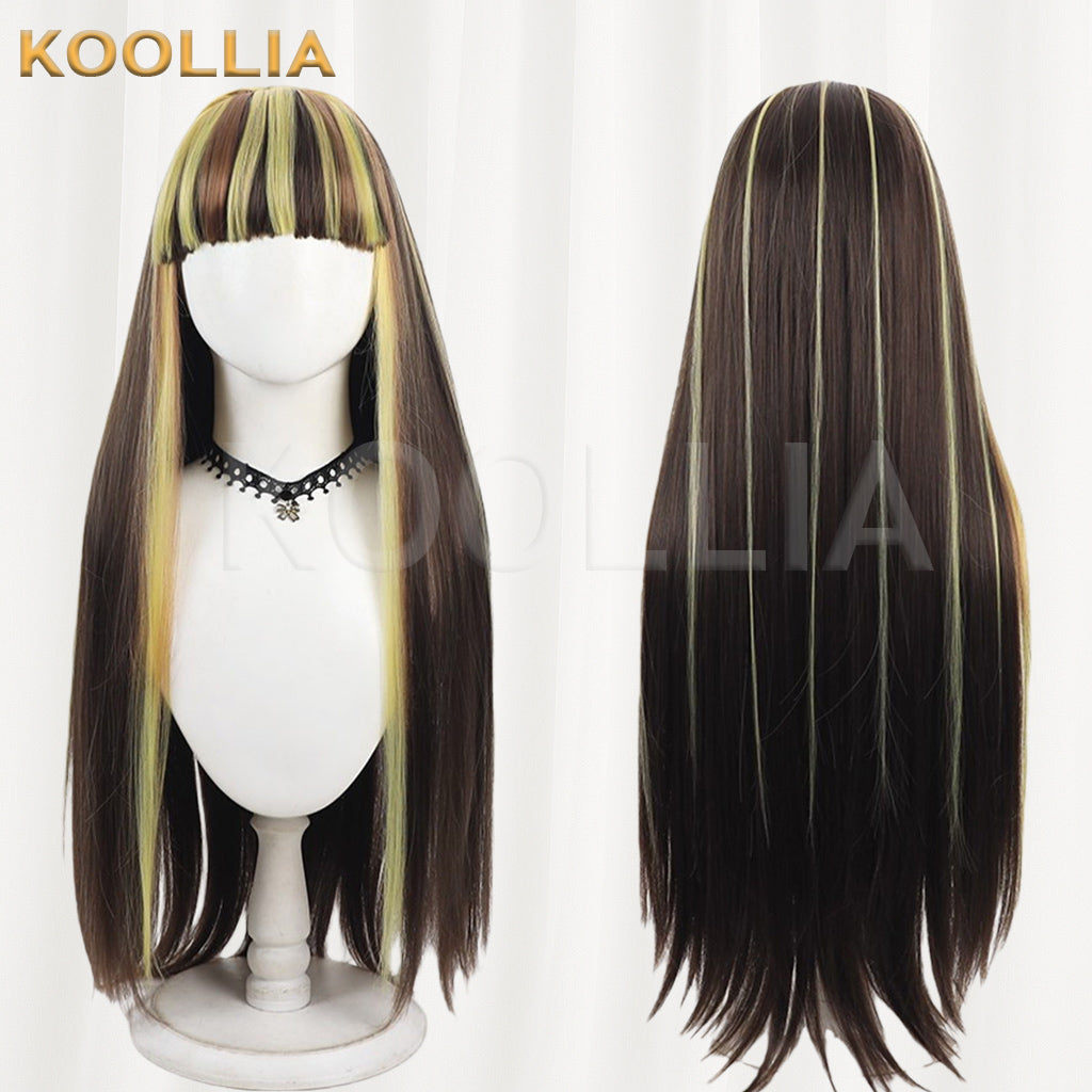 Monster High Cleo de Nile Wig Dark Brown Lemon Yellow Long Straight Basic Wig