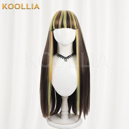 Monster High Cleo de Nile Wig Dark Brown Lemon Yellow Long Straight Basic Wig
