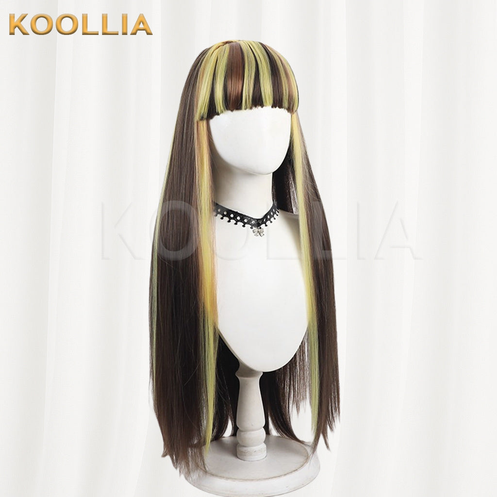Monster High Cleo de Nile Wig Dark Brown Lemon Yellow Long Straight Basic Wig