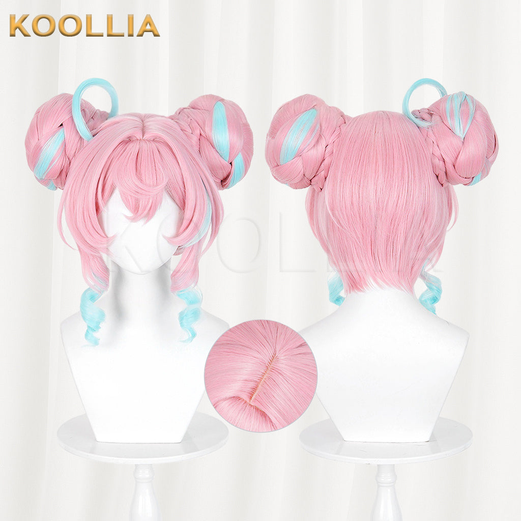 Honkai Star Rail Fengjin Wig Pink Blue Highlight Twin Braided Buns Basic Wig