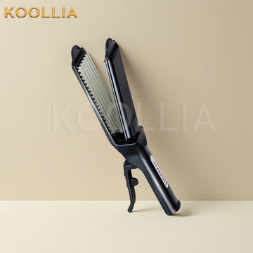 "Professional hair crimper and volumizing crimping iron by Koollia, featuring textured wavy plates for adding roots volume to anime wigs, on a soft background."