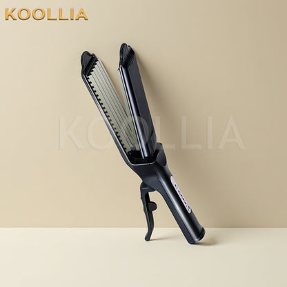 "Professional hair crimper and volumizing crimping iron by Koollia, featuring textured wavy plates for adding roots volume to anime wigs, on a soft background."