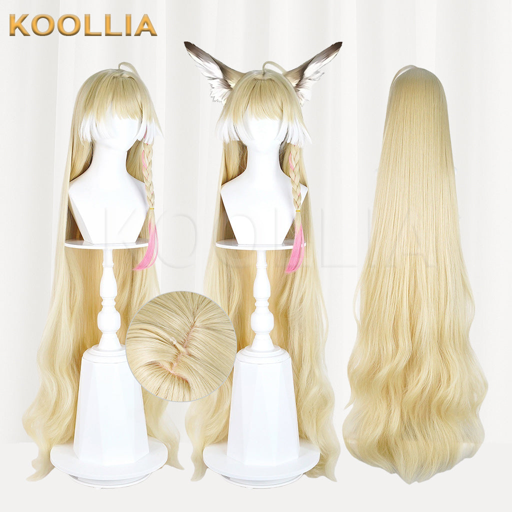 Arknights Indigo Wig Lost Focus Light Cream Gold Realistic Scalp Top Extra-Long Soft Wavy Curls With Pink Highlight Basic Wig
