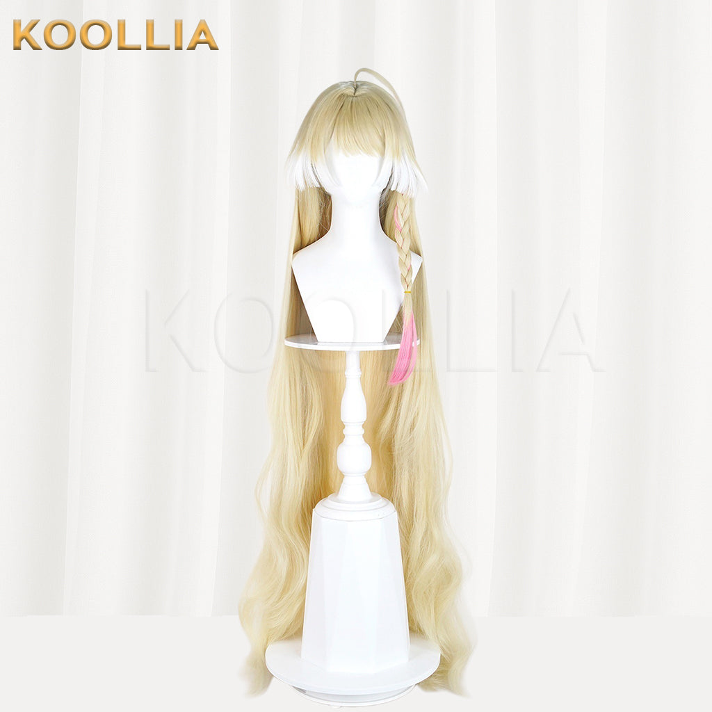 Arknights Indigo Wig Lost Focus Light Cream Gold Realistic Scalp Top Extra-Long Soft Wavy Curls With Pink Highlight Basic Wig