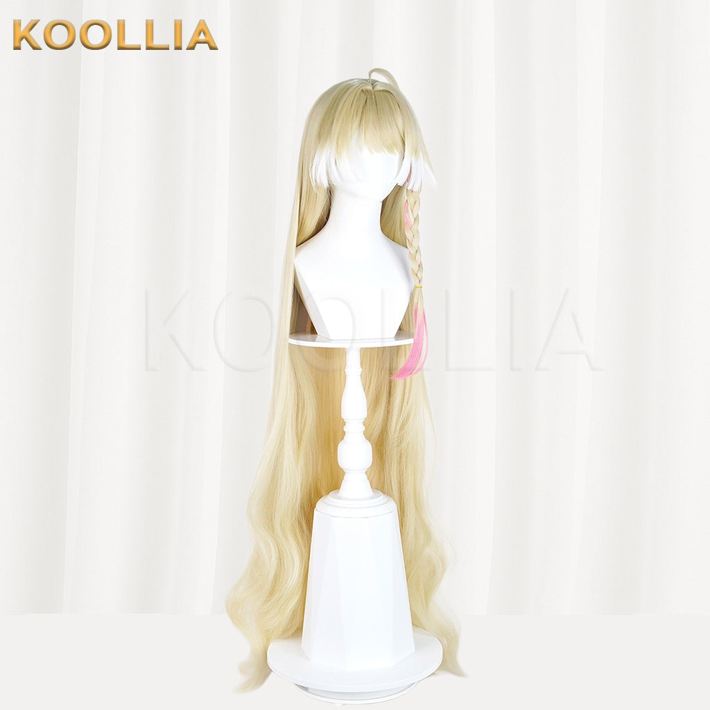 Arknights Indigo Wig Lost Focus Light Cream Gold Realistic Scalp Top Extra-Long Soft Wavy Curls With Pink Highlight Basic Wig
