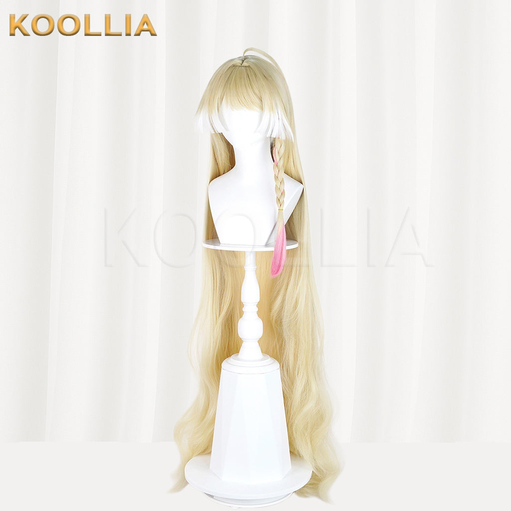 Arknights Indigo Wig Lost Focus Light Cream Gold Realistic Scalp Top Extra-Long Soft Wavy Curls With Pink Highlight Basic Wig