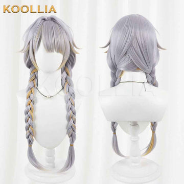 Vtuber Kannagi Ruri Silver Gray Long Twin Braids Wig With Gold Highlights Basic Wig