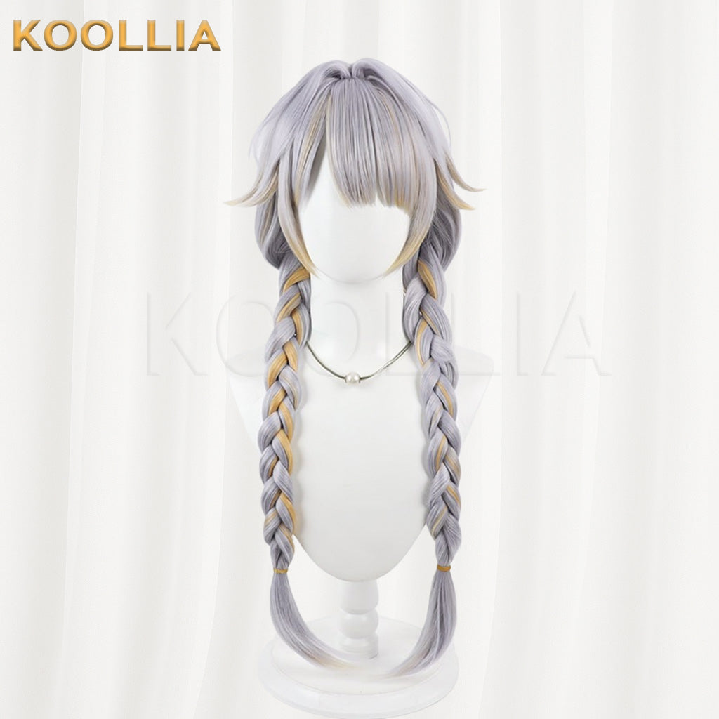 Vtuber Kannagi Ruri Silver Gray Long Twin Braids Wig With Gold Highlights Basic Wig