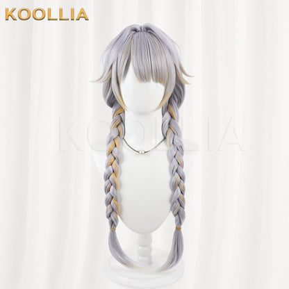 Vtuber Kannagi Ruri Silver Gray Long Twin Braids Wig With Gold Highlights Basic Wig