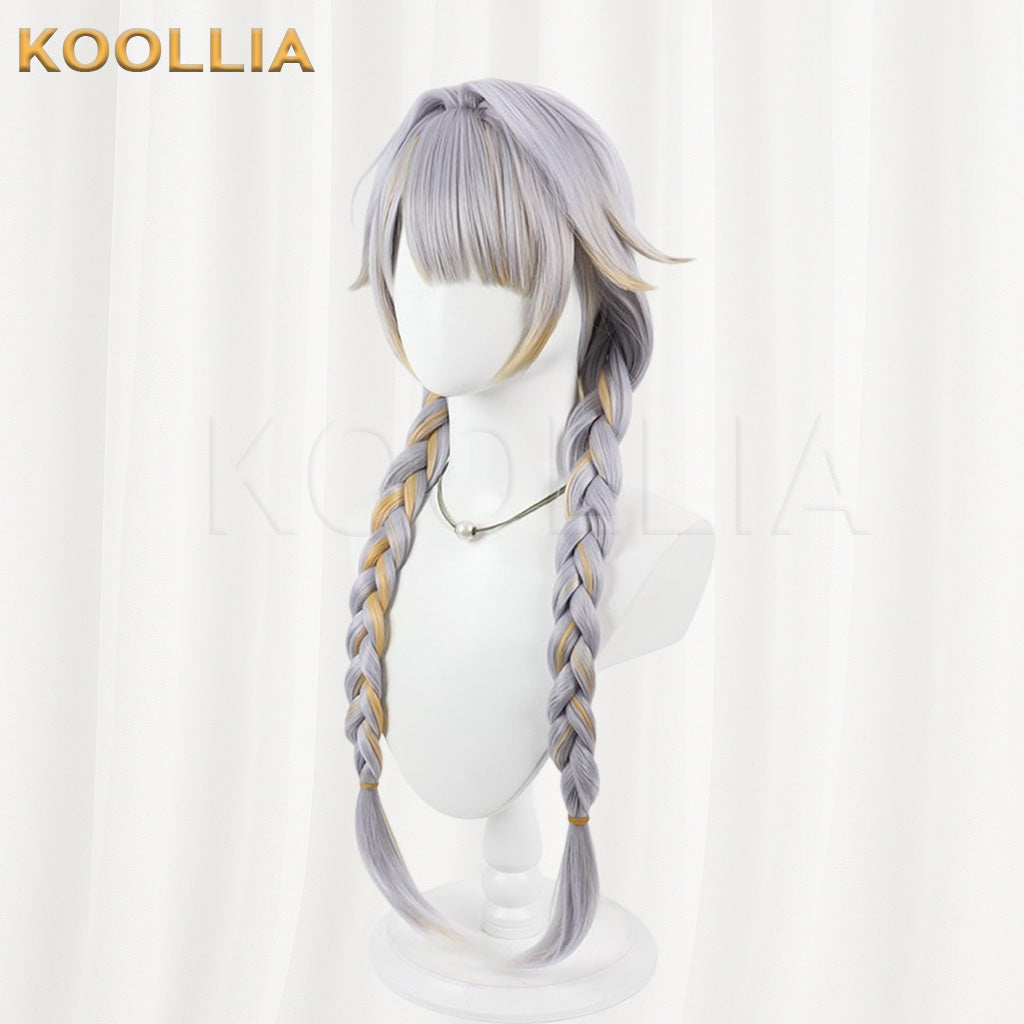 Vtuber Kannagi Ruri Silver Gray Long Twin Braids Wig With Gold Highlights Basic Wig