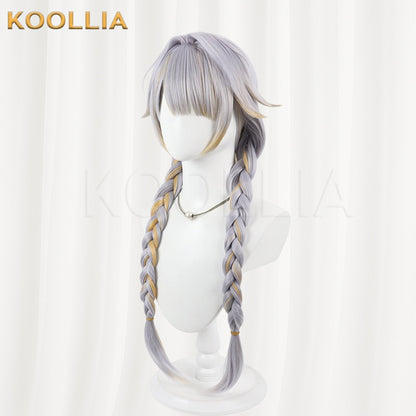 Vtuber Kannagi Ruri Silver Gray Long Twin Braids Wig With Gold Highlights Basic Wig