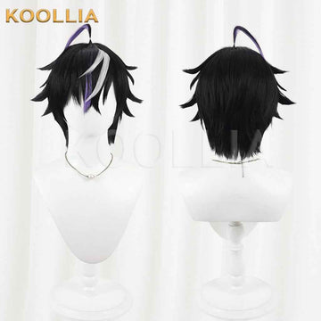 Vtuber Kune Leo Black Layered Short Wig Silver White Purple Highlights Fluffed Root Basic Wig