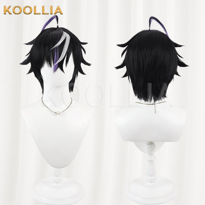 Vtuber Kune Leo Black Layered Short Wig Silver White Purple Highlights Fluffed Root Basic Wig