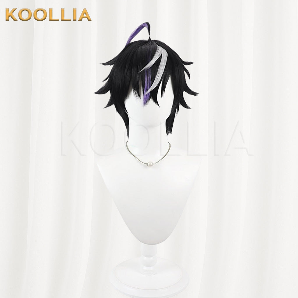 Vtuber Kune Leo Black Layered Short Wig Silver White Purple Highlights Fluffed Root Basic Wig
