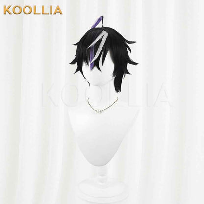 Vtuber Kune Leo Black Layered Short Wig Silver White Purple Highlights Fluffed Root Basic Wig