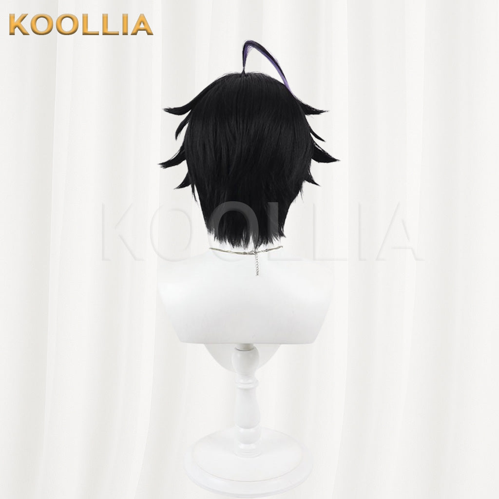 Vtuber Kune Leo Black Layered Short Wig Silver White Purple Highlights Fluffed Root Basic Wig