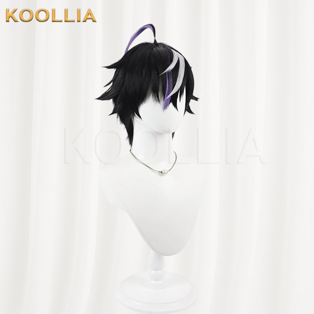Vtuber Kune Leo Black Layered Short Wig Silver White Purple Highlights Fluffed Root Basic Wig