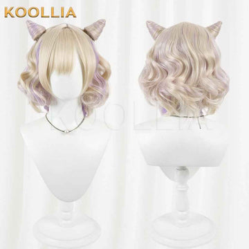 Vtuber Kurumi Noa Blonde Short Curly Wig With Purple Highlights & Detachable Horns Basic Wig
