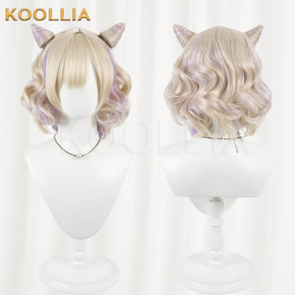 Vtuber Kurumi Noa Blonde Short Curly Wig With Purple Highlights & Detachable Horns Basic Wig