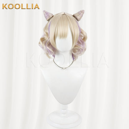 Vtuber Kurumi Noa Blonde Short Curly Wig With Purple Highlights & Detachable Horns Basic Wig