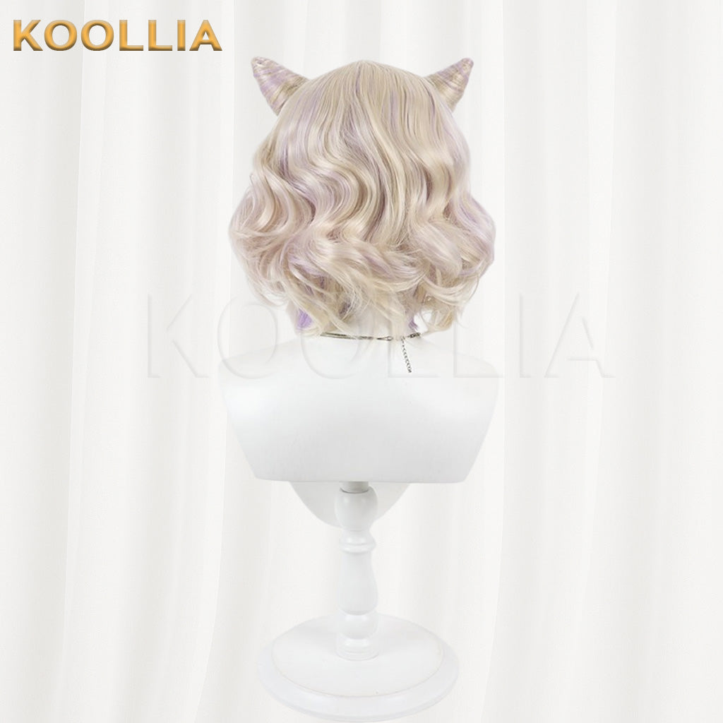 Vtuber Kurumi Noa Blonde Short Curly Wig With Purple Highlights & Detachable Horns Basic Wig