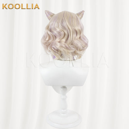 Vtuber Kurumi Noa Blonde Short Curly Wig With Purple Highlights & Detachable Horns Basic Wig