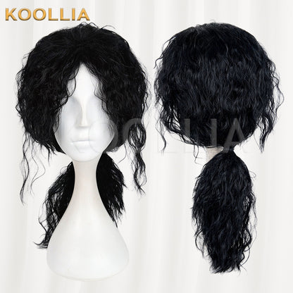 Michael Jackson Black Wool Curly Medium Long Hair Low Ponytail Men Cosplay Wig Basic Wig