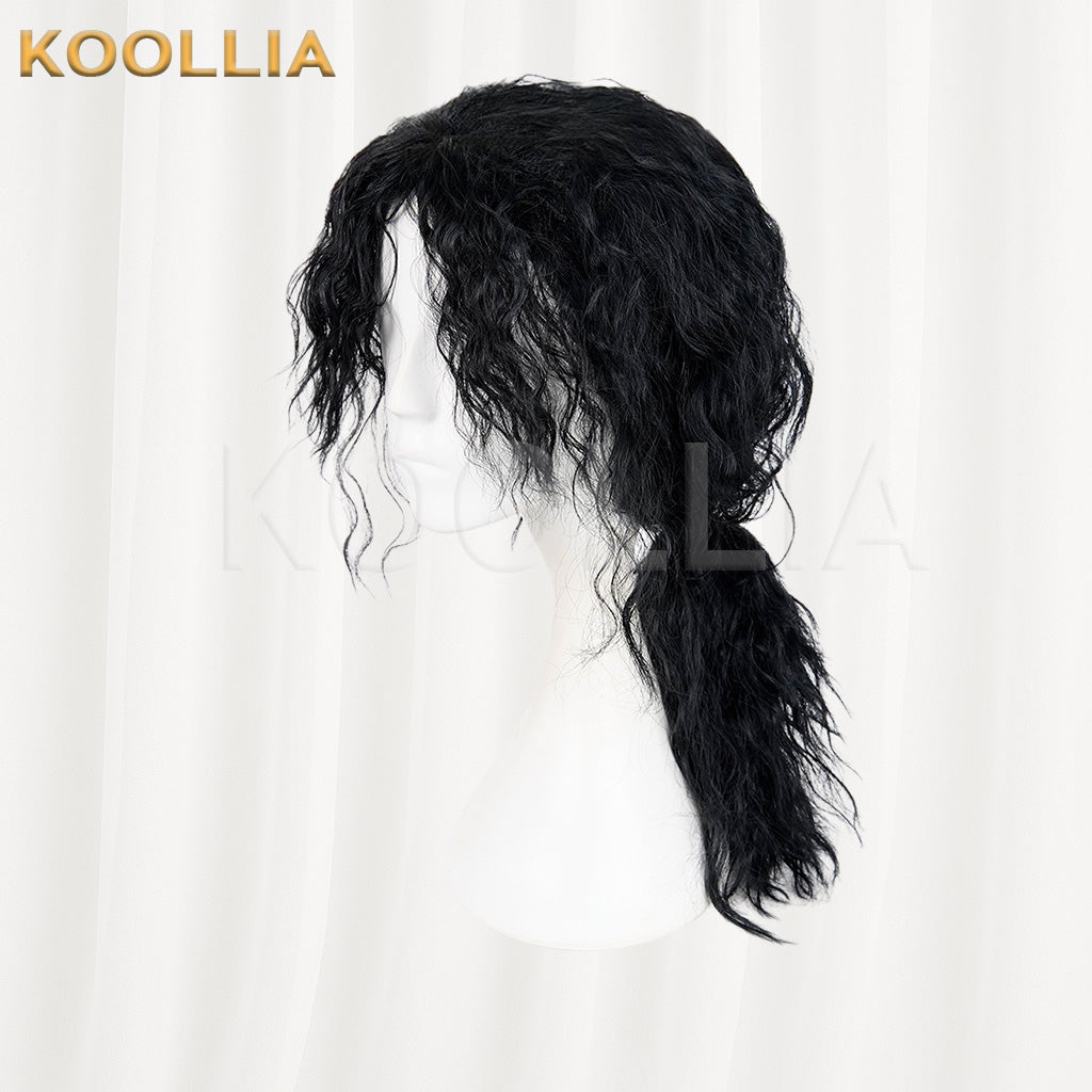 Michael Jackson Black Wool Curly Medium Long Hair Low Ponytail Men Cosplay Wig Basic Wig