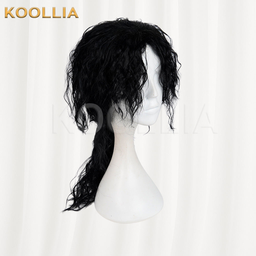 Michael Jackson Black Wool Curly Medium Long Hair Low Ponytail Men Cosplay Wig Basic Wig
