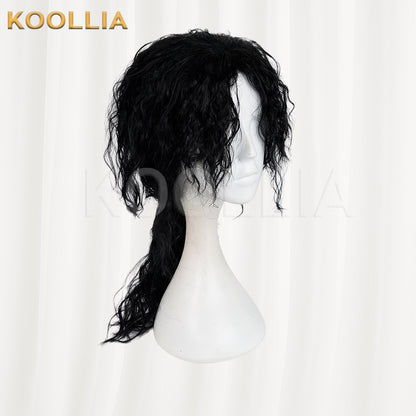 Michael Jackson Black Wool Curly Medium Long Hair Low Ponytail Men Cosplay Wig Basic Wig