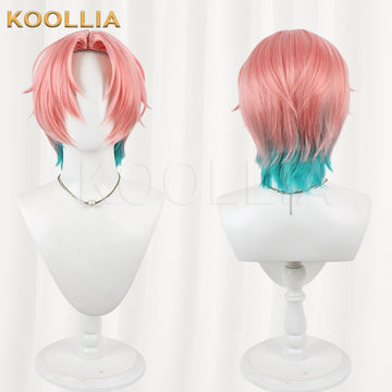 VTuber FouRTe Project Mikage Ren Wig Peach Pink Teal Blue Contrast Wolf Cut Short Basic Wig