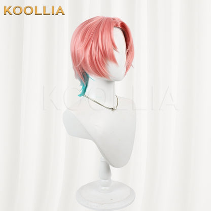 VTuber FouRTe Project Mikage Ren Wig Peach Pink Teal Blue Contrast Wolf Cut Short Basic Wig