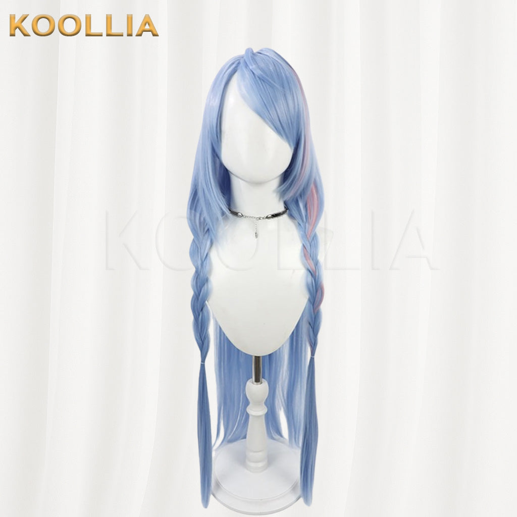 Blue Archive Mine Light Ice Blue Hair With Pink Highlights Long Twin Braids Basic Wig