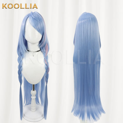 Blue Archive Mine Light Ice Blue Hair With Pink Highlights Long Twin Braids Basic Wig