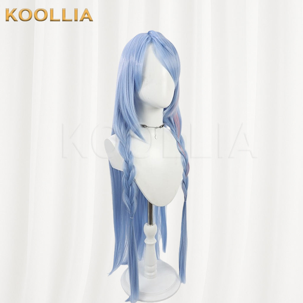 Blue Archive Mine Light Ice Blue Hair With Pink Highlights Long Twin Braids Basic Wig