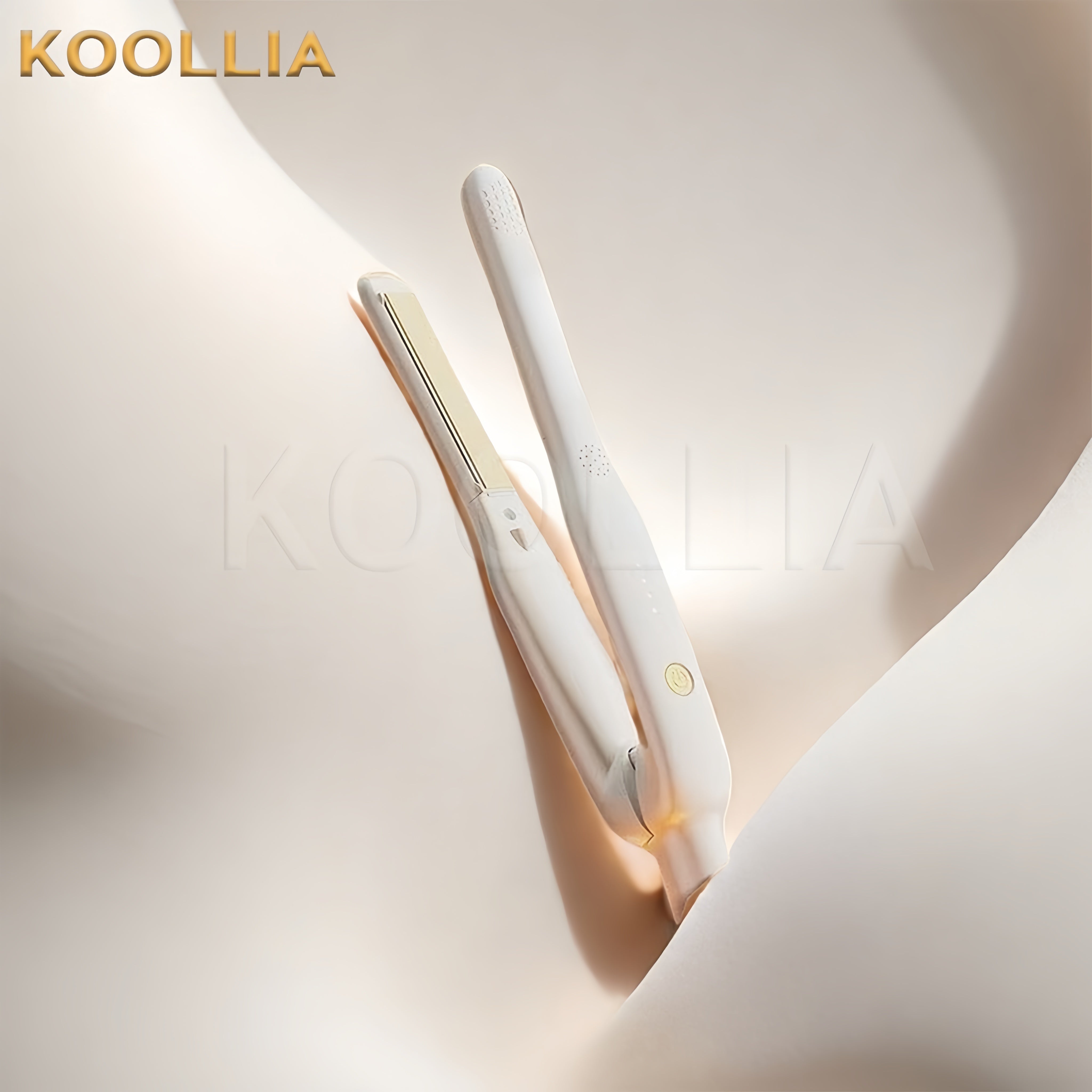 "Premium mini cordless hair straightener and flat iron by Koollia, featuring an elegant white and gold portable design on a soft aesthetic background."