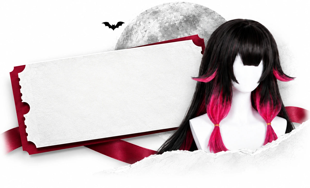 Black and pink cosplay wig beside a Halloween paper ticket