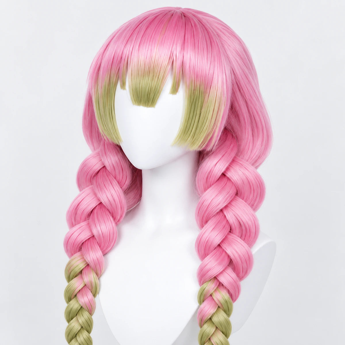 Finished pink and green braided wig on a featureless white mannequin