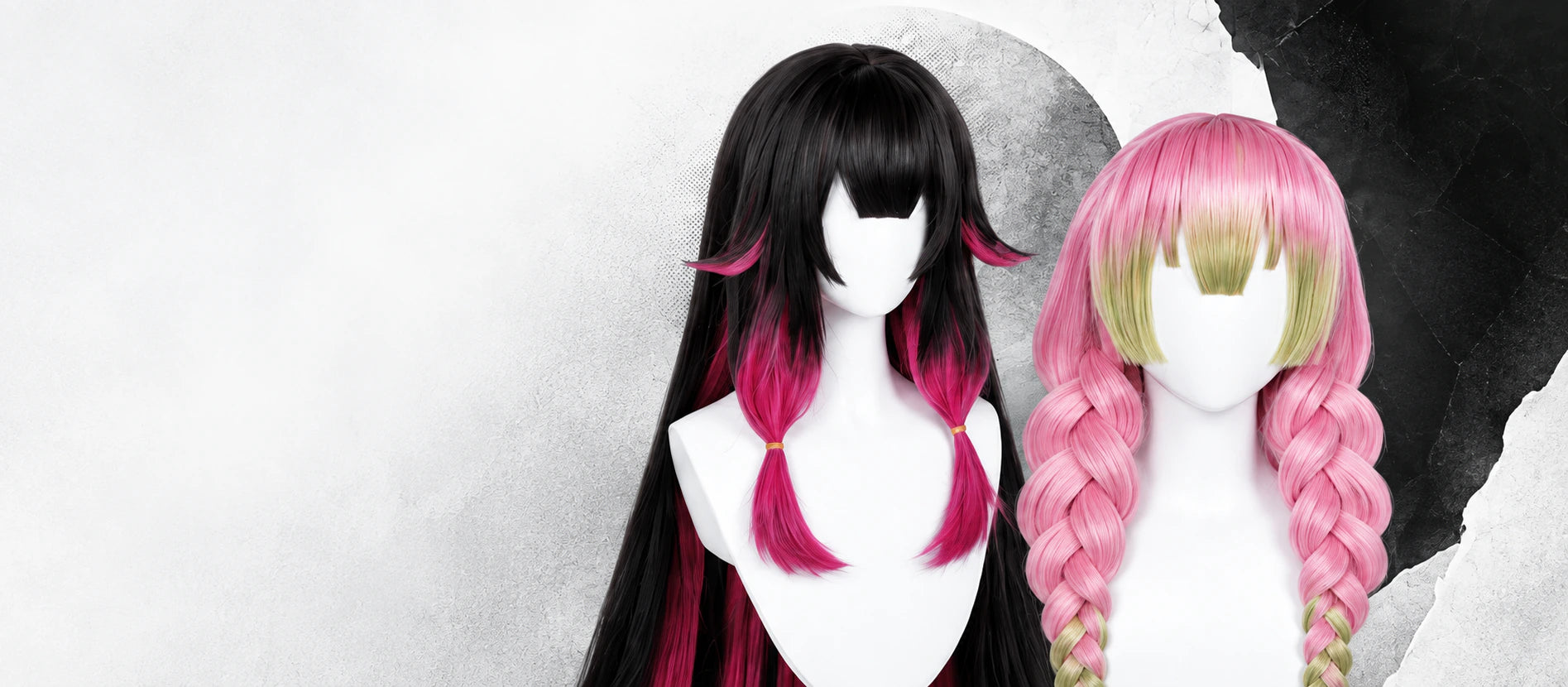 Black and pink and pink and green cosplay wigs displayed against a paper moon collage