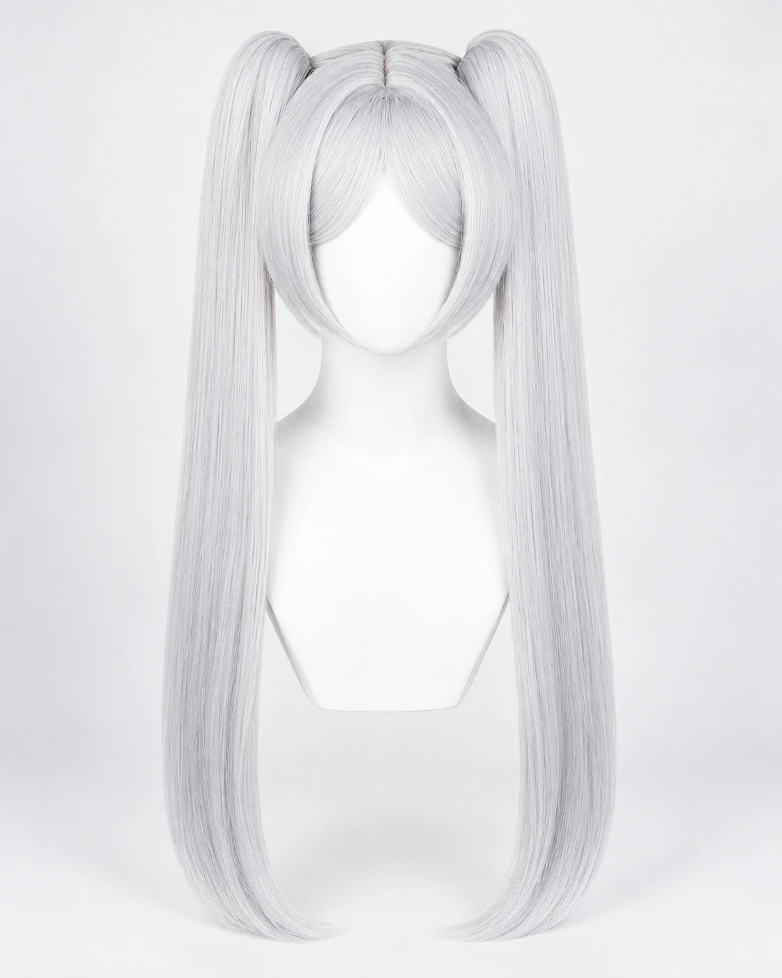 Silver Frieren wig with long twin ponytails on a white display head