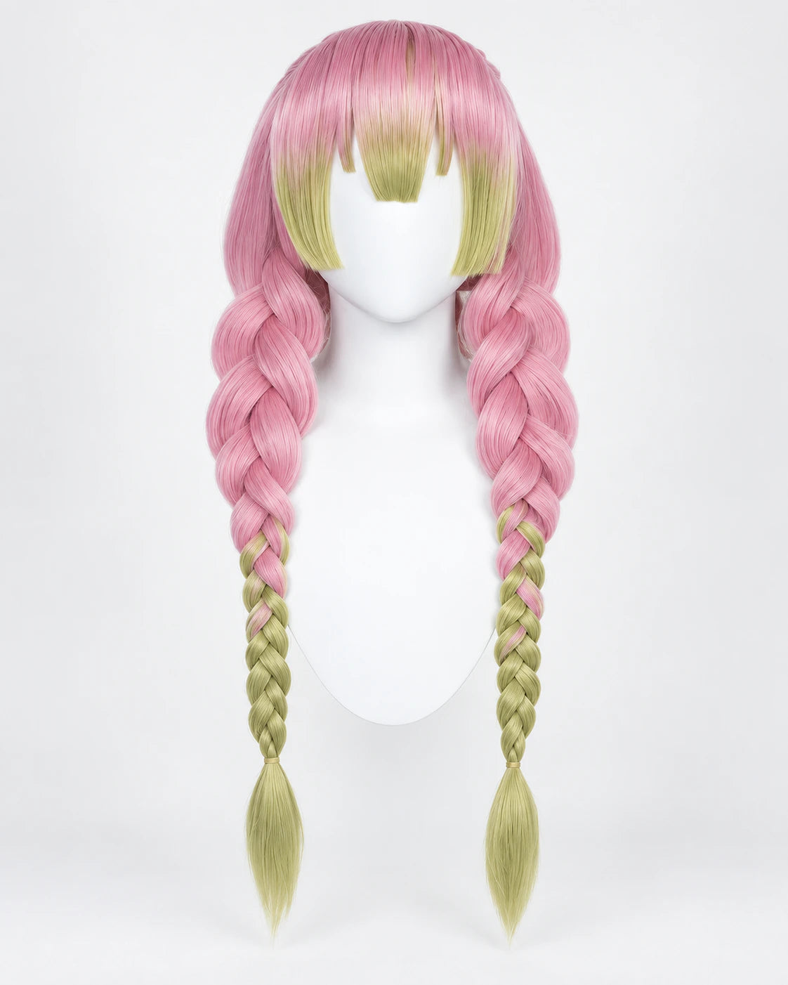 Pink and green Mitsuri wig on a white display head