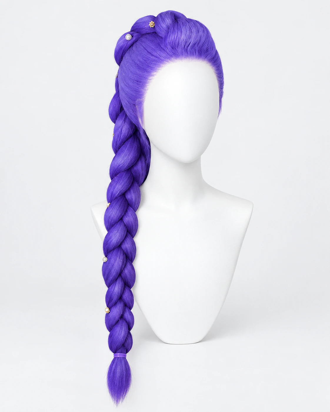 Purple braided commission wig on a white display head