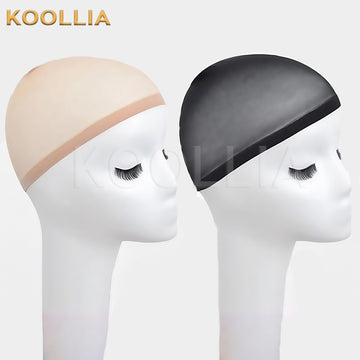 Professional stretchy stocking wig cap set by Koollia, showing a nude beige cap and a black cap on white mannequin heads over a clean light background